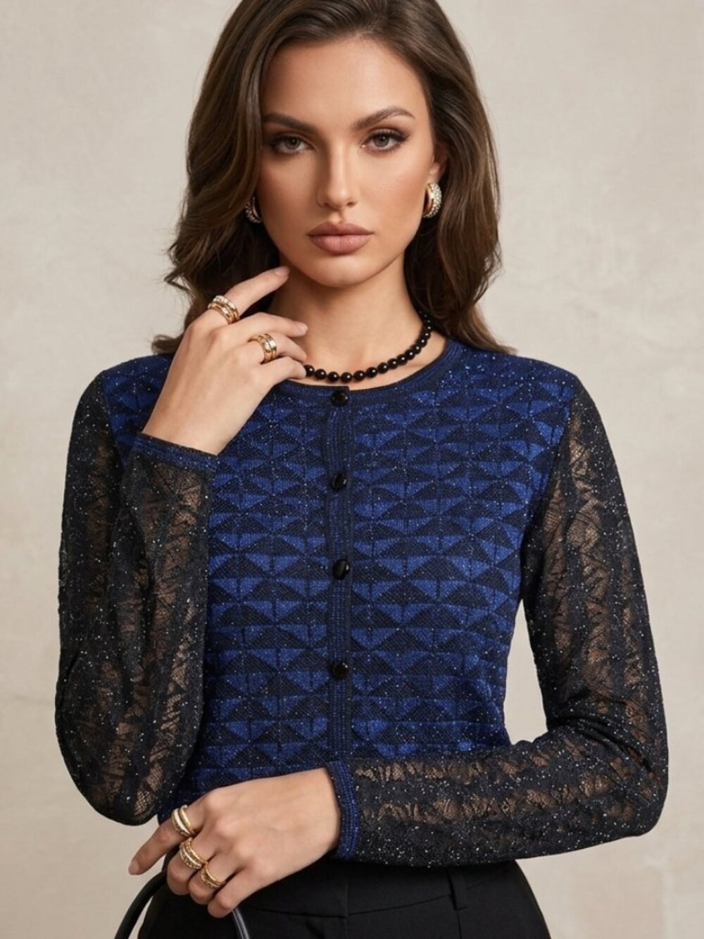 St. John Knit Medium Sweater Cardigan Blue Black Shimmer Sparkle Metallic